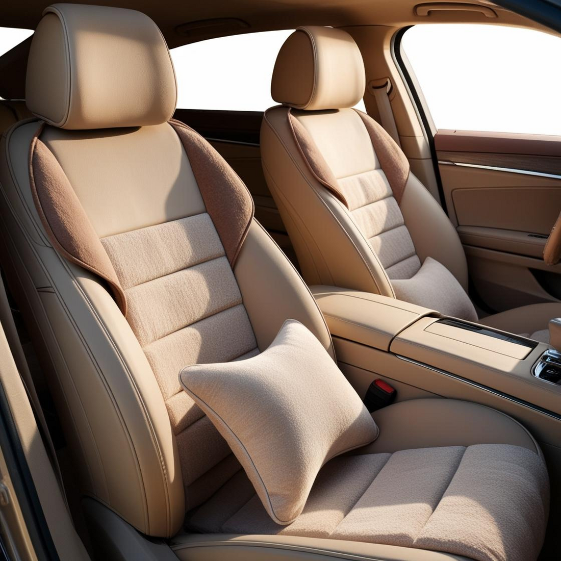 Conjunto de acessórios para carro incluindo capas de banco, almofadas de pescoço e capa para volante, criando um ambiente de conforto e estilo no interior do veículo.