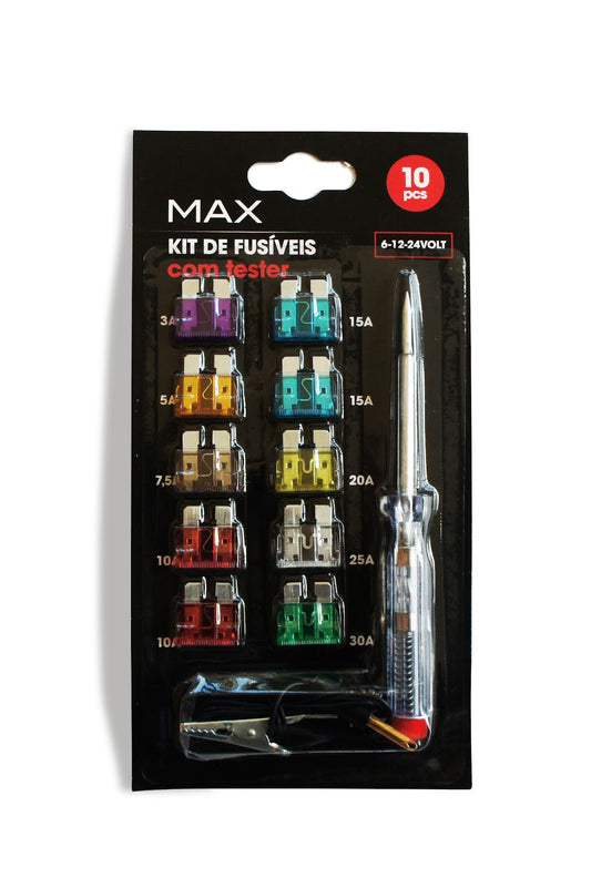 Max Kit de Fusíveis com Busca Pólos inclui fusíveis de diferentes tamanhos e um busca pólos prático para identificar falhas elétricas de maneira rápida e eficiente. Essencial para a manutenção elétrica do seu veículo.