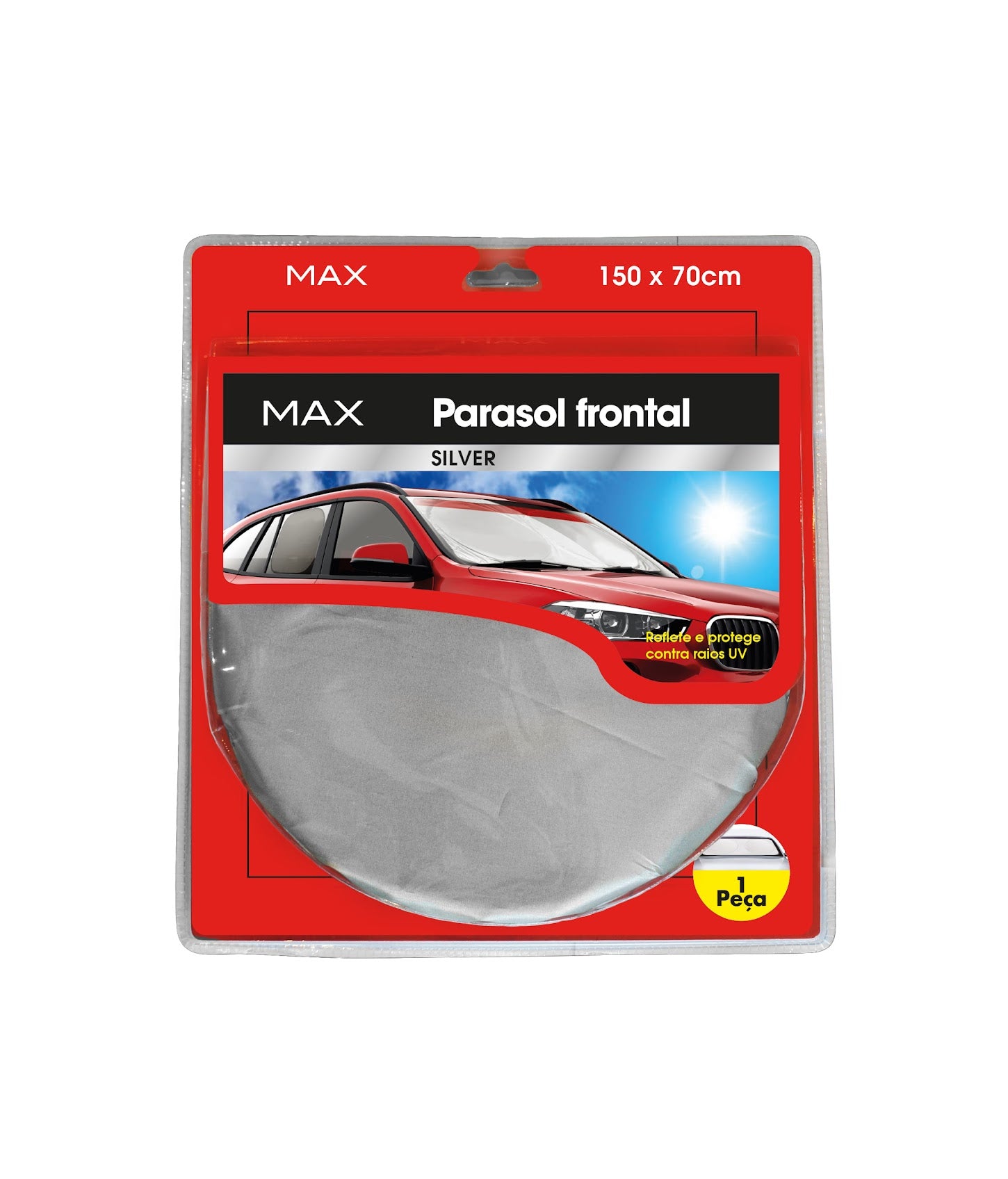 Max Parasol Frente Silver apresenta um design prateado que reflete os raios UV, ajudando a manter o interior do veículo fresco. Fácil de usar e armazenar, é a escolha ideal para qualquer tipo de carro.