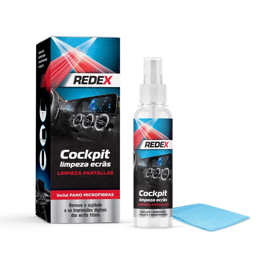 REDEX car screen cleaning kit with packaging, spray bottle, and microfiber cloth on a white background