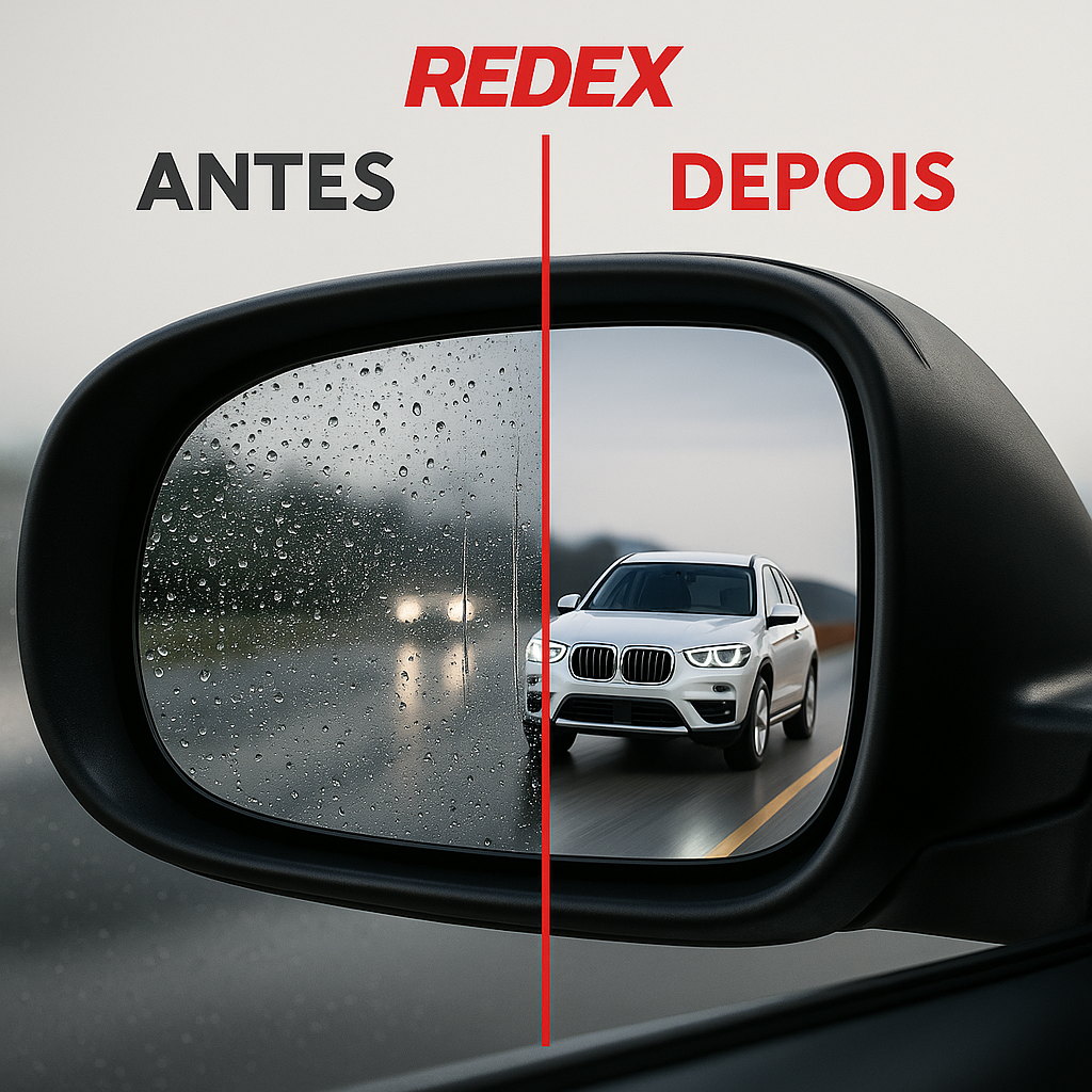 Car side mirror before and after using REDEX, with a BMW in the reflection.