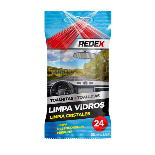 Redex car cleaning wipes packaging with a scenic road and car interior on a white background