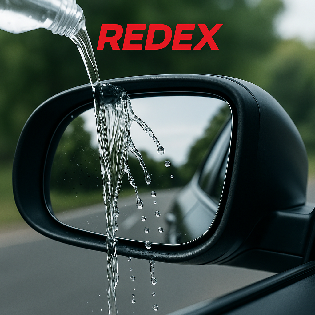 Car side mirror with water being poured onto it, with 'REDEX' logo above.
