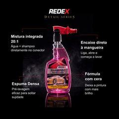 REDEX Shampoo Snow Foam Conector Mangueira 1L: mistura integrada 20:1, encaixe direto à mangueira, espuma densa e fórmula com cera
