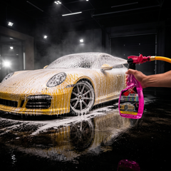 Espuma densa do Snow Foam Conector Mangueira sobre um Porsche 911 amarelo, sem balde nem máquina de pressão
