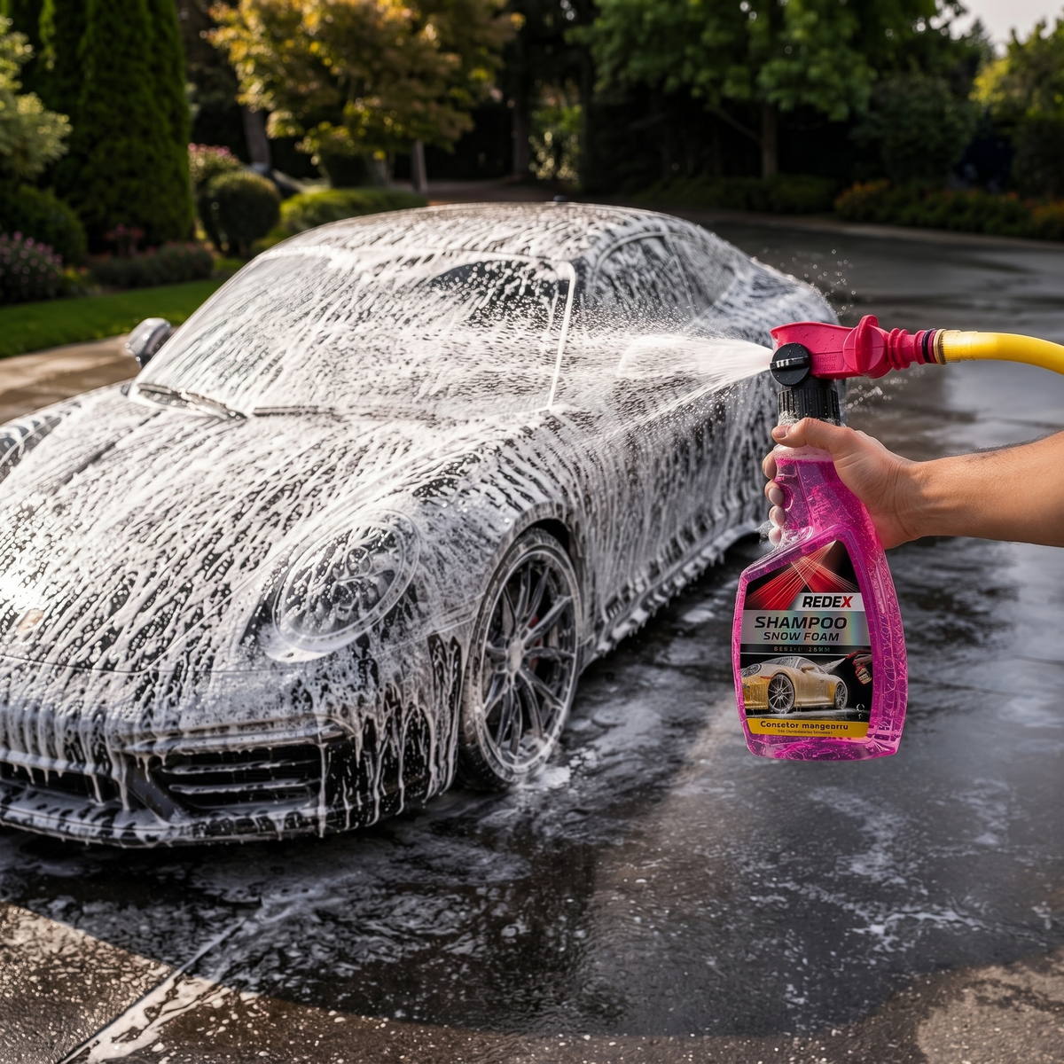 Snow Foam Conector Mangueira a cobrir um Porsche de espuma, ligado diretamente à mangueira de jardim