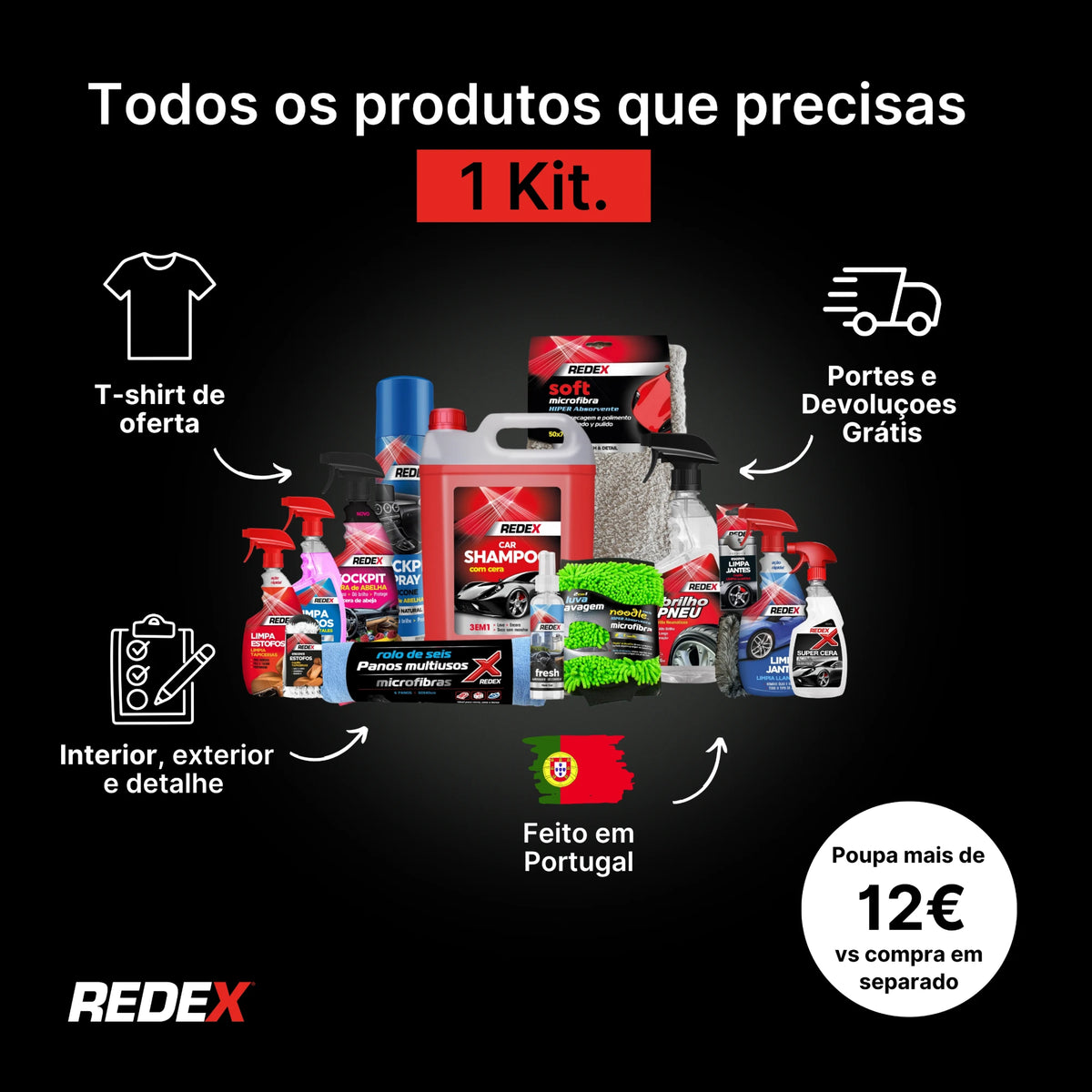 Kit Redex Completo - todos os produtos num kit: interior, exterior e detalhe, t-shirt de oferta, portes e devoluções grátis