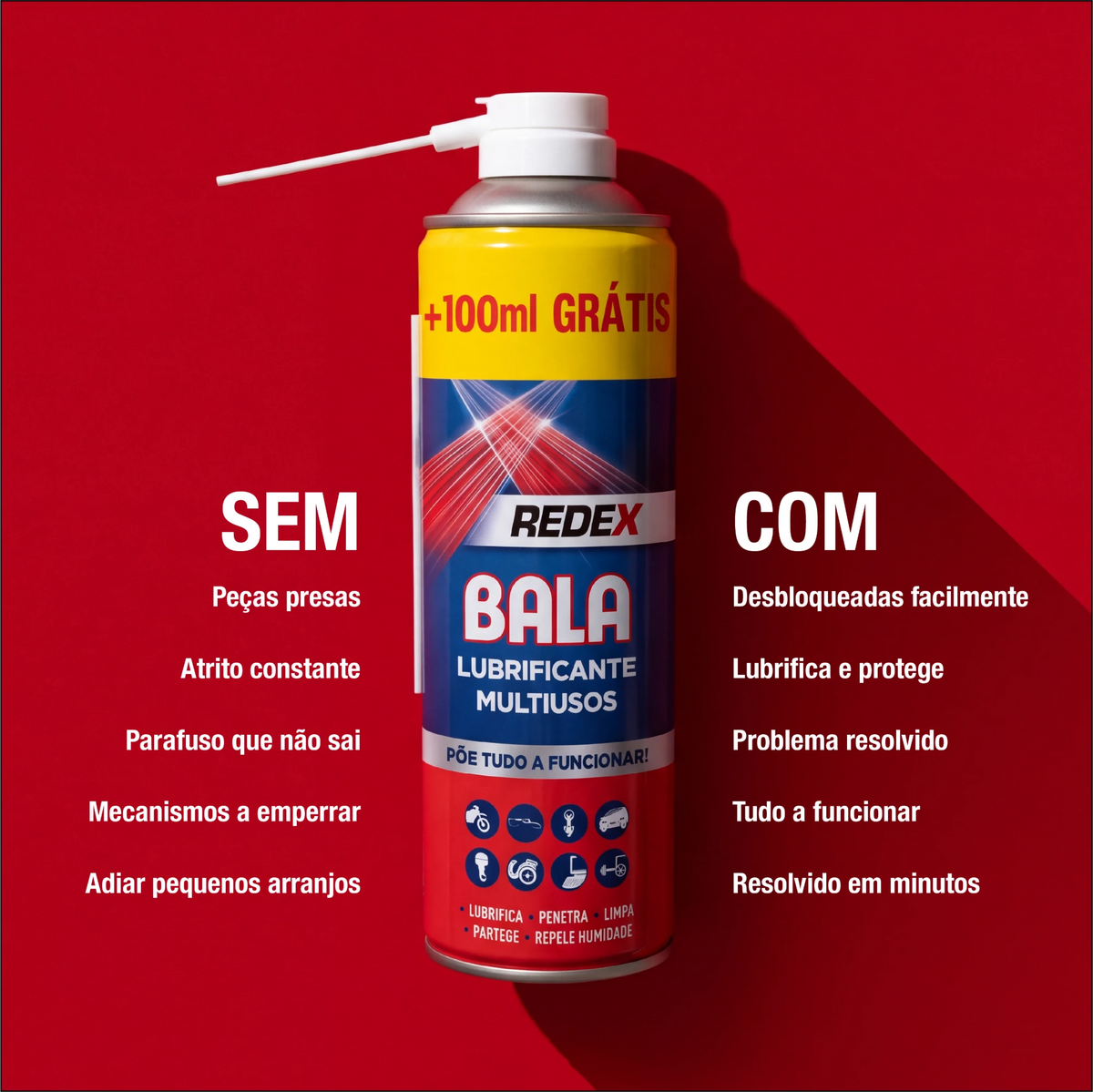 Redex Bala: sem vs com. Peças presas, atrito e parafusos que não saem, resolvidos em minutos