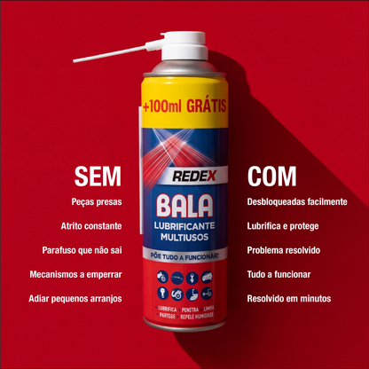Redex Bala: sem vs com. Peças presas, atrito e parafusos que não saem, resolvidos em minutos