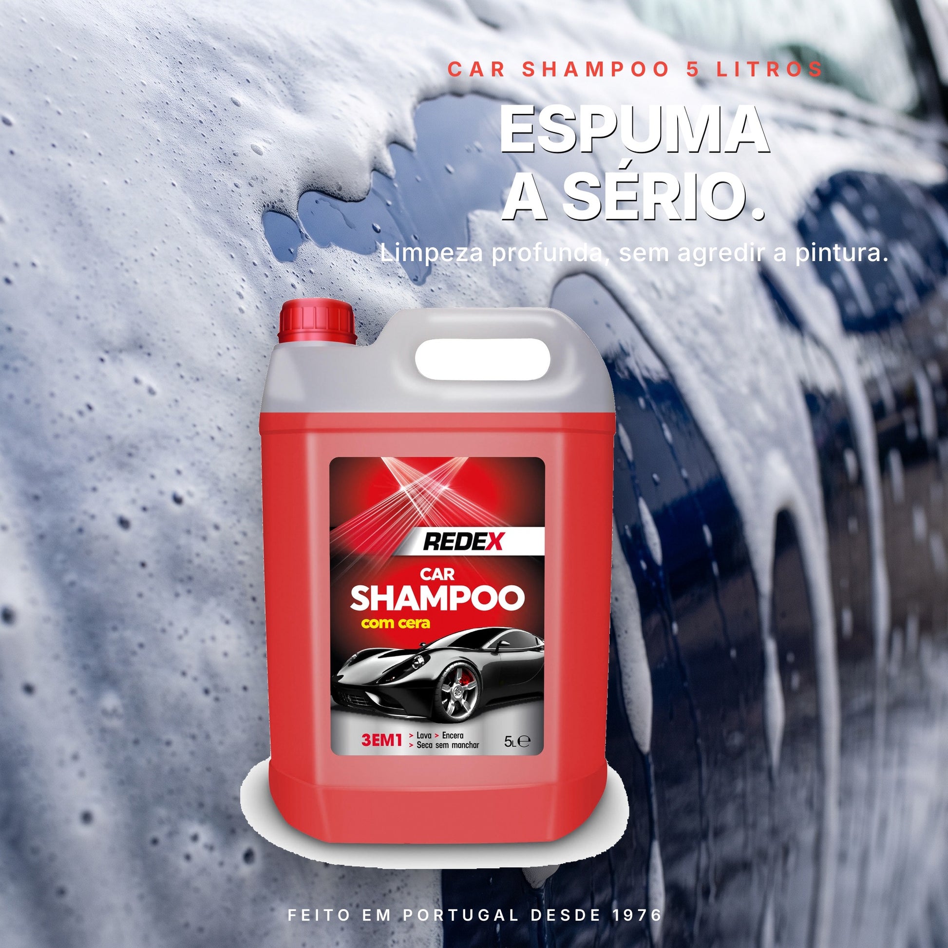 Redex Car Shampoo 5L com espuma densa na pintura — limpeza profunda sem agredir a pintura