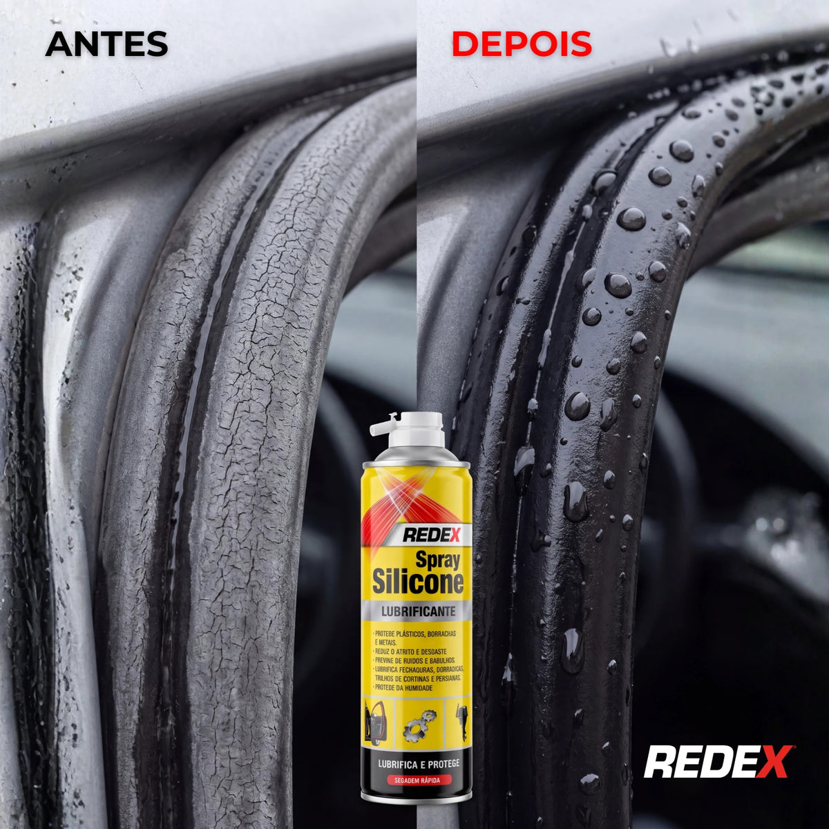 Antes e depois: borracha da janela ressequida à esquerda, recuperada e a repelir a água depois do Redex Silicone Spray 500 ml